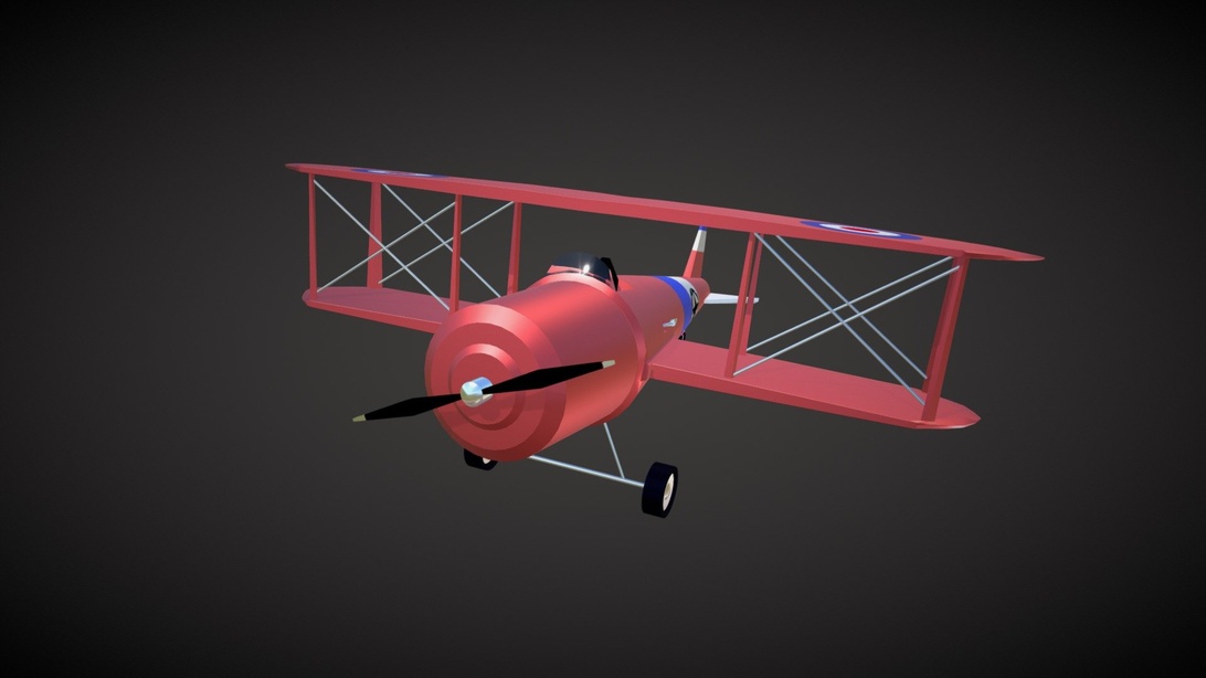 3D-modell av ett rött vintage biplan-flygplan mot en svart bakgrund.